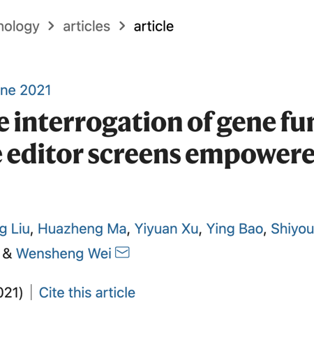 北京大学魏文胜课题组在Nature Biotechnology 发文报道基于碱基编辑的新型高通量功能性筛选方法